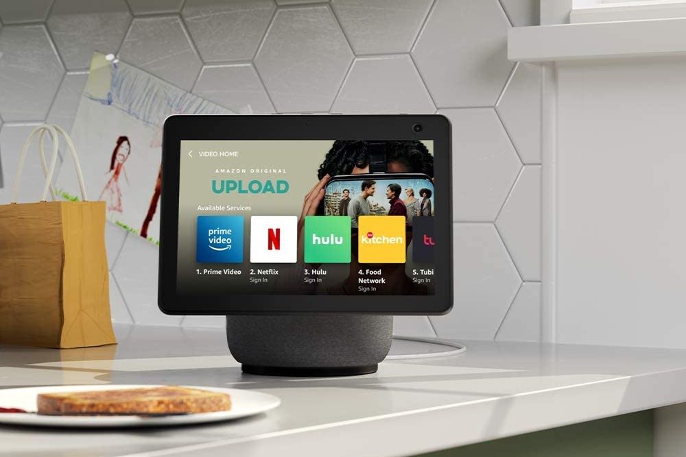 The Amazon Echo Show 10 on a kitchen counter.