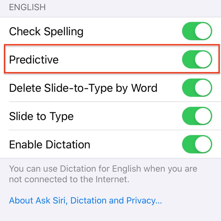 Predictive text command in iOS 13 and 14.