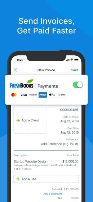 Screenshot of the Freshbooks iOS app with text saying "Send invoices, get paid faster" and a picture of a draft invoice