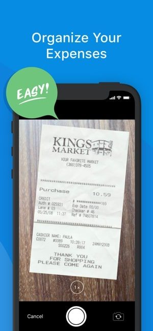 Screenshot of the Freshbooks iOS app and text that says "Organize your expenses" with a picture of an expense receipt beneath