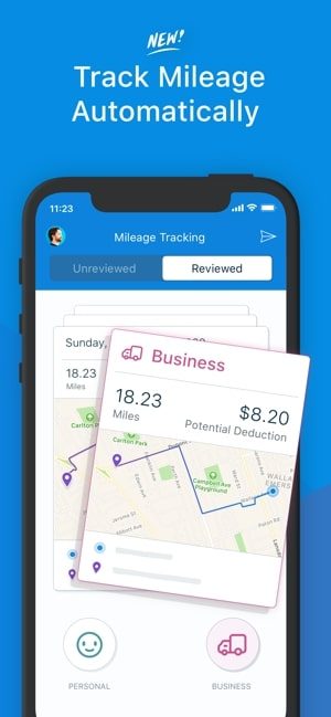 screenshot of the Freshbooks iOS app with text that says "Track mileage automatically" and beneath it a map showing mileage