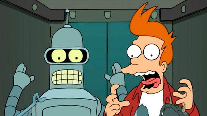 Fry and Bender in a suicide booth in "Futurama."