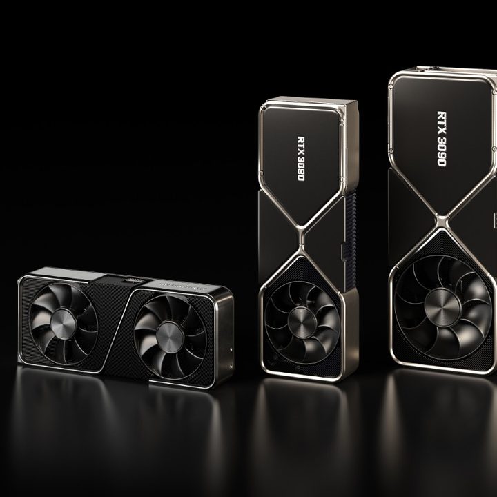 Three Nvidia GeForce RTX 30-series graphics cards.