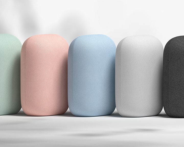 Google Nest audio color options against white background.