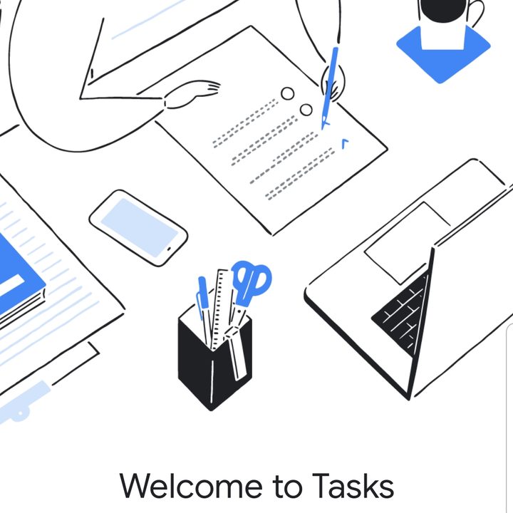 Screenshot of Google Tasks with text that says "Welcome to Tasks", a button below that says "Get started" and images showing somebody writing at a desk with a computer in front of them