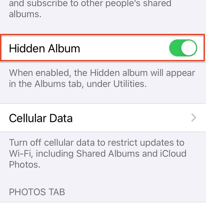 iOS 14 Hidden Photos album.