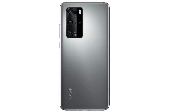 Photo shows the rear view of a Huawei P40 Pro phone in Silver Frost color