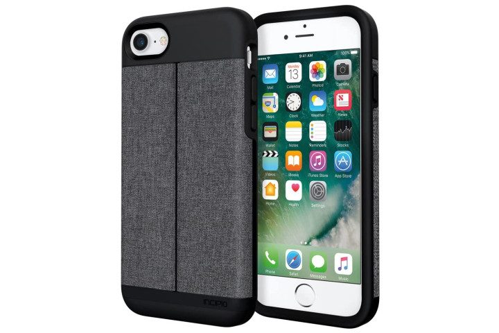 Photo shows the front and rear view of an iPhone 7 in a grey and black fabric Esquire Wallet Case from Incipio