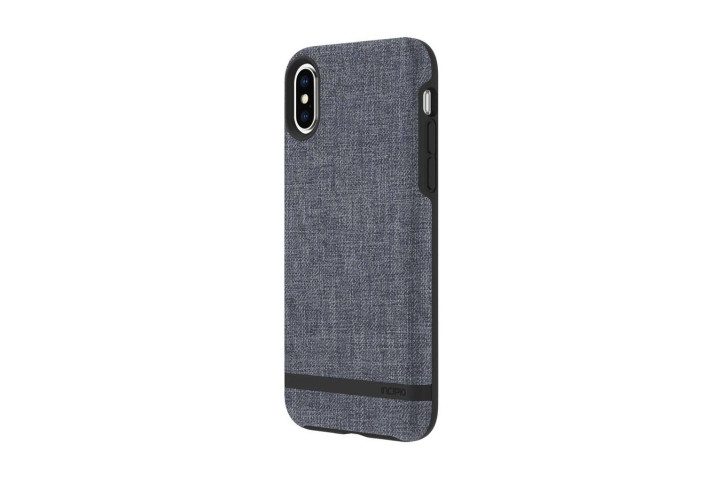 Photo shows the rear view of an iPhone XS in a blue fabric design case from Incipio