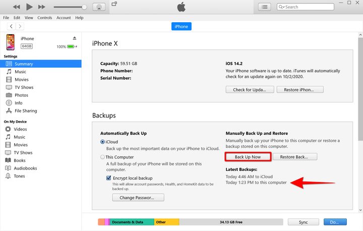 iTunes Windows 10 Back Up Now