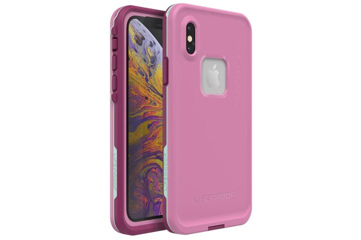 Photo shows the front and rear view of an iPhone XS in a mauve case from Lifeproof