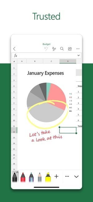 Screenshot of Microsoft Excel app with text saying "Trusted" and a picture of a pie chart
