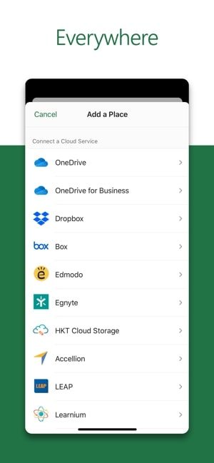 Screenshot of the Microsoft Excel app with text saying "Everywhere" and a list of other apps and tools Excel integrates with