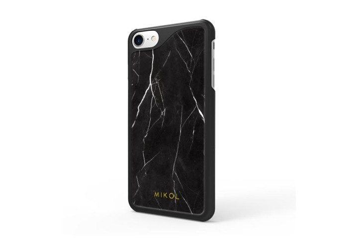Photo shows the Mikol Carrara marble case in black marble, on an iPhone 7