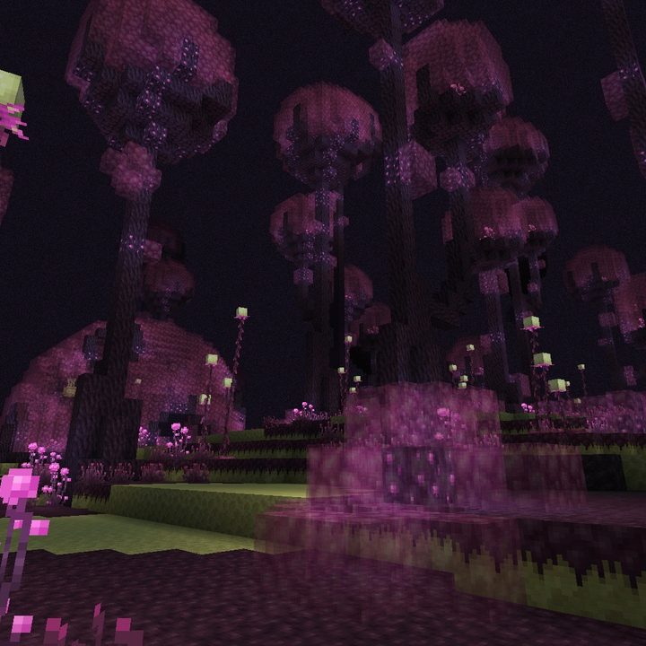 A magical purple forest in Minecraft's The End.