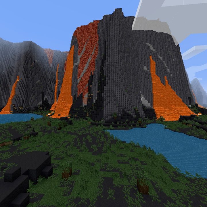 Looking at a giant blocky volcano in Minecraft.