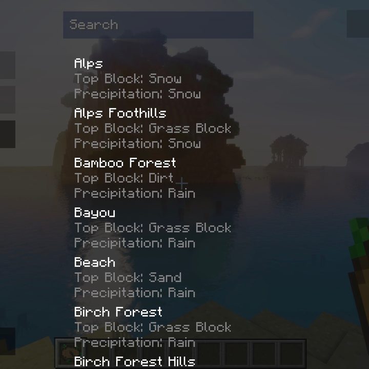 A menu showing all of the potential nearby biomes, and an option to teleport to one.