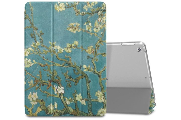 iPad in a blue ad white cherry blossom design case from Moko, showing the rear of the case and the case folded into a kickstand.