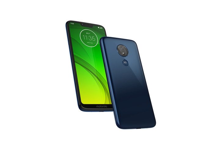 Photo shows the front and rear view of the Moto G7 Power phone in marine blue
