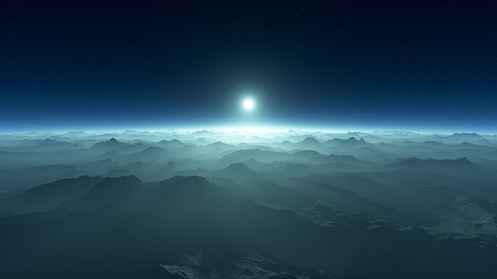 Rendering of a white dwarf star on the horizon of a mountainous planet.
