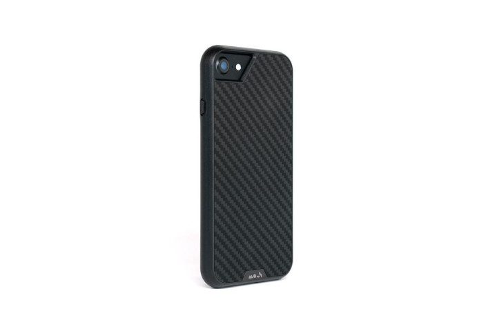 Photo shows the iPhone 7 in a black carbon fiber case from Mous