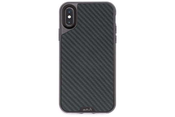 Photo shows the rear view of an iPhone XS in a black carbon fiber case from Mous