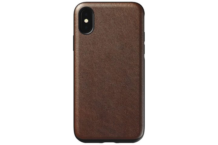 Photo shows the rear view of an iPhone XS in a brown leather case from Nomad
