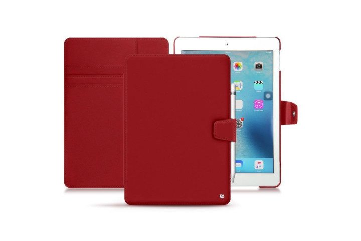 Front and back view of an iPad in a red leather case from Noreve.