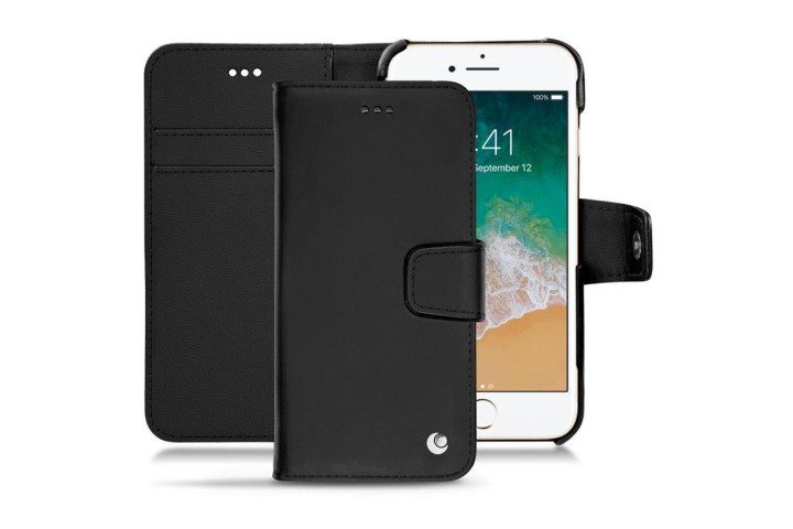 Photo shows the front, back, and interior view of a leather flip case from Noreve for the iPhone 7 in black