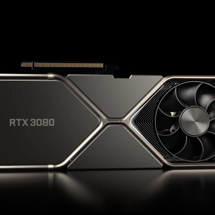Nvidia GeForce RTX 3080 in front of a black background.