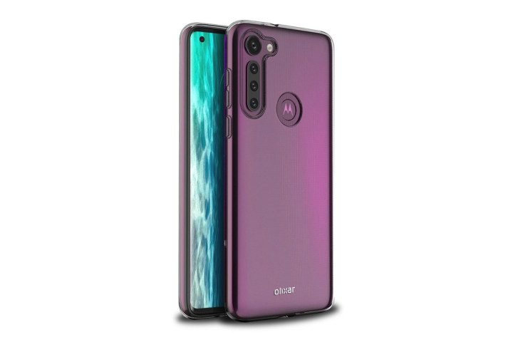 Photo shows a purple Motorola Edge phone in a clear case from Olixar