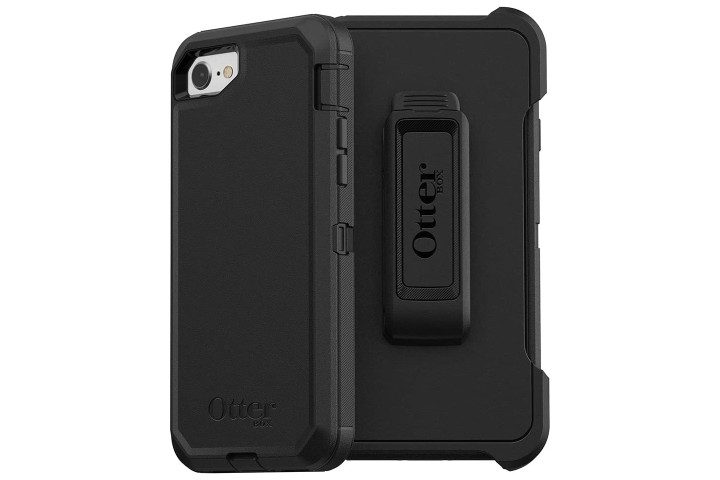 Photo shows the front and rear view of an iPhone 7 with a black Defender Series case from Otterbox