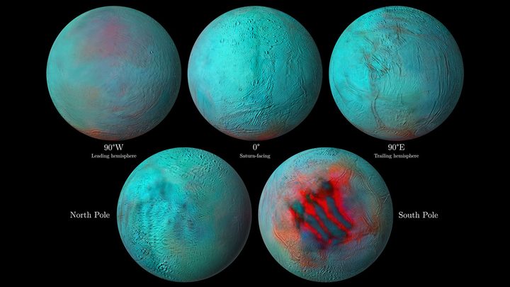 In these detailed infrared images of Saturn's icy moon Enceladus, reddish areas indicate fresh ice that has been deposited on the surface.