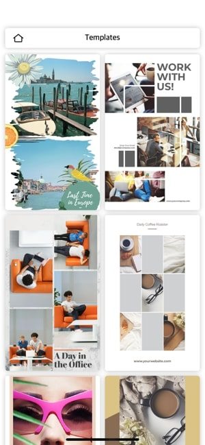 Screenshots of the Pixlr app showing templates