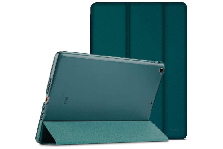 The iPad 2018 in a green Procase, with a view of the back of the case and a view of it folded into a kickstand.