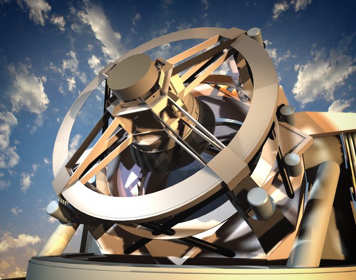 This artist's conception shows the Vera Rubin telescope from a vantage point on the telescope platform.