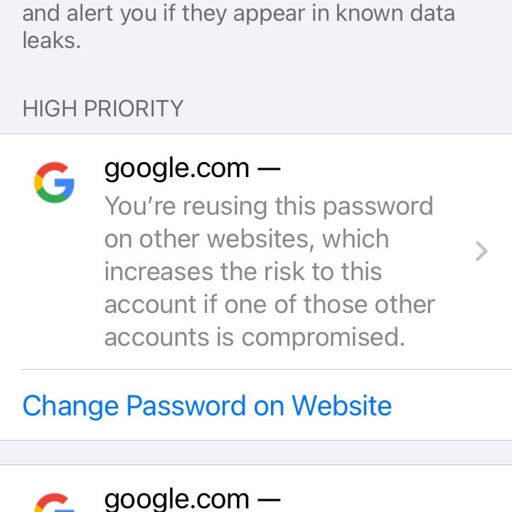 iOS 14 Passwords security settings.