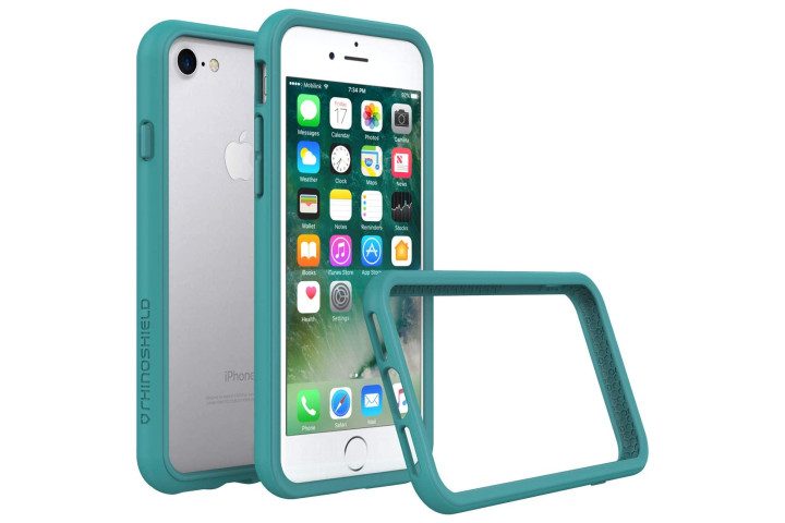 Photo shows a bright teal bumper case on an iPhone 7