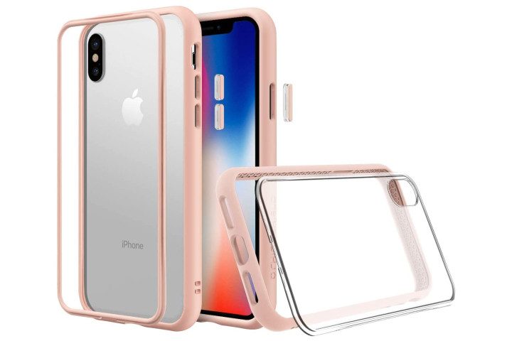 Photo shows the front, rear, and side view of a clear and pink iPhone XS case by Rhinoshield