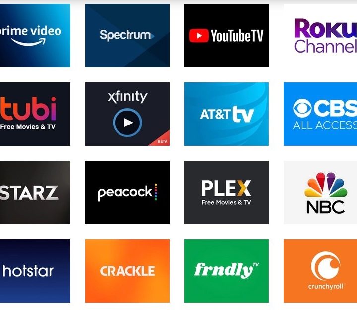 Rows of channel app icons from a Roku straming device.