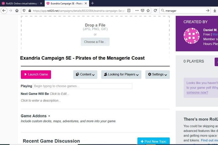 Image of Roll20 Campaign Homepage