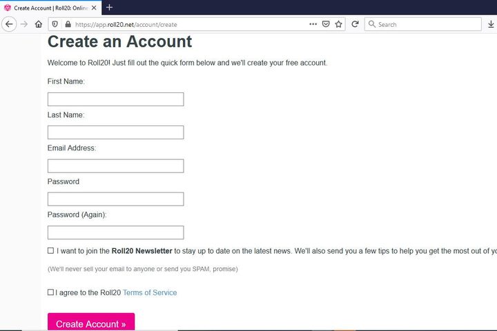 Image of Roll20 Create an Account Page