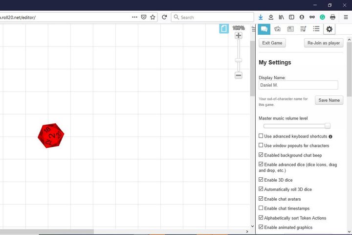 Image of Roll20 Dice Settings Menu