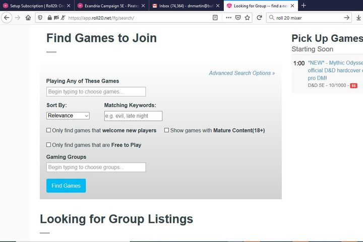 Image of Roll20 Looking For Group Page
