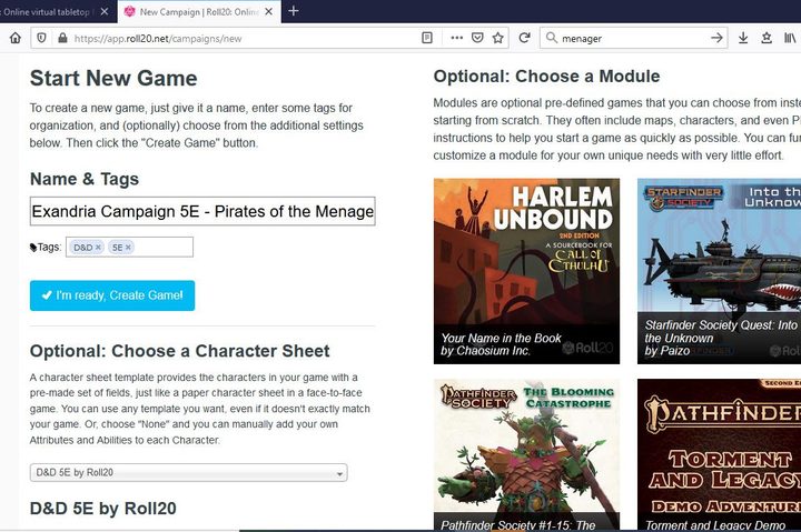 Image of Roll20 Start New Game Page