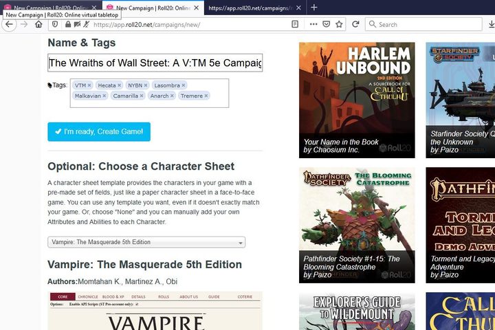 Images of Roll20 VTM Campaign Page