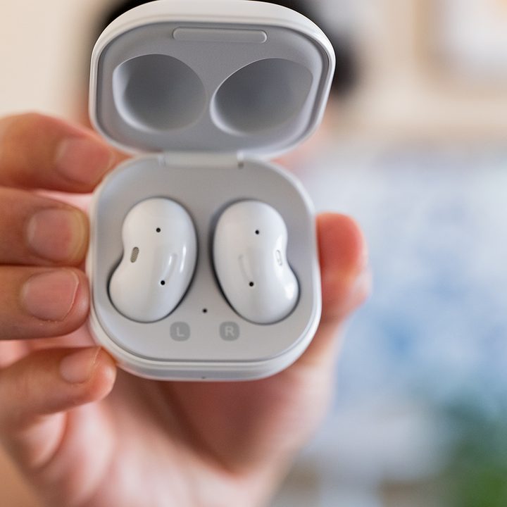 The Samsung Galaxy Buds Live in their charging case.