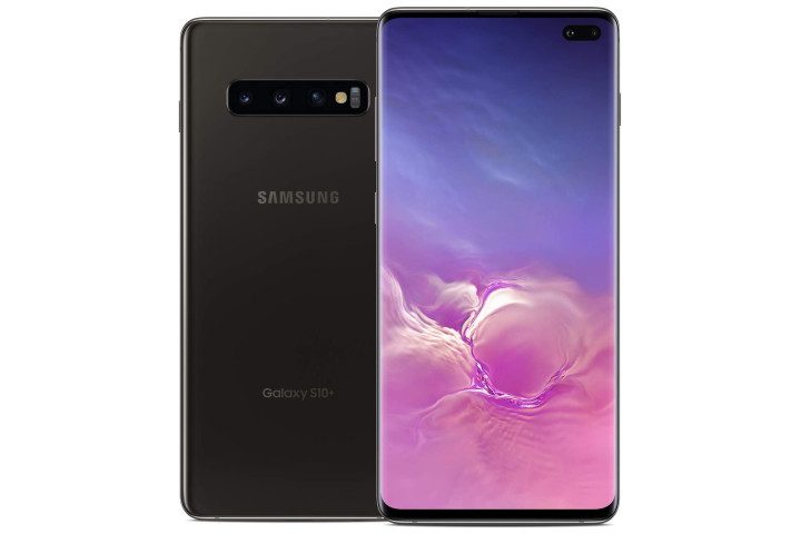Photo shows the front and back of the black Samsung Galaxy S10 Plus