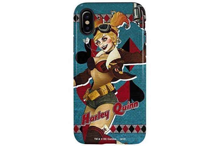 Photo shows the rear view of an iPhone XS in a blue Skinit phone case with a Harley Quinn design