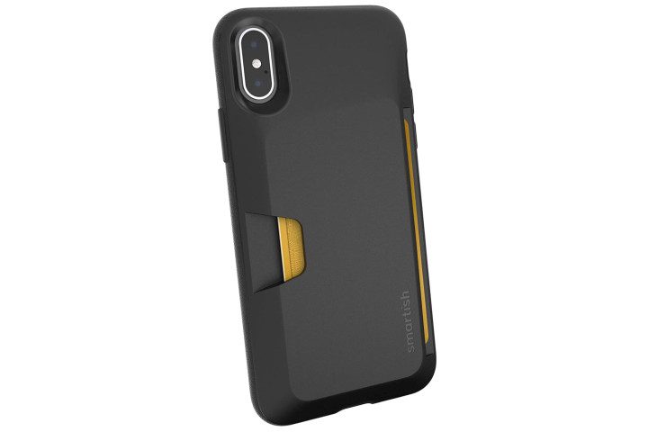 Picture shows the rear view of an iPhone XS in a black wallet case from Smartish